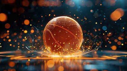 Glowing basketball with abstract blue and orange background