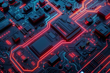 Wall Mural - A close up of a computer chip with red lights. Concept of technology and innovation