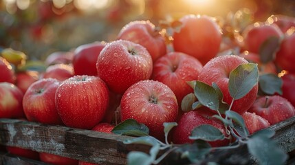 Sticker - Bathe in sunlight, red apples gleam enticingly in a wooden crate, epitomizing the rich bounty of an orchard at dawn, with leafy greens adding a fresh touch.