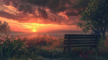 Wall Mural - A bench is in a field of flowers with a sunset in the background. The sky is cloudy and the sun is setting