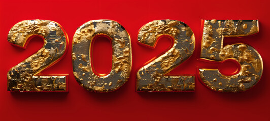 Gold number 2025 red background 3D relief fancy number art word