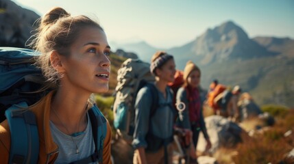 A group of travelers hiking up a beautiful mountain, surrounded by natural landscapes filled with plants, grasslands, and hills, under a vast sky. AIG41