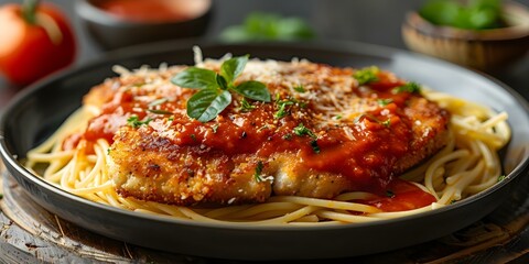 Wall Mural - Argentinian Milanesa with Tomato Sauce and Cheese on Spaghetti. Concept Argentinian Cuisine, Milanesa Recipe, Tomato Sauce, Cheese, Spaghetti