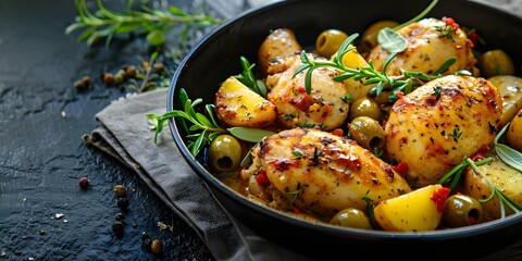Wall Mural - Savory and comforting chicken fricassee with potatoes and olives. Concept Food recipe, Chicken fricassee, Comforting meal, Potatoes, Olives