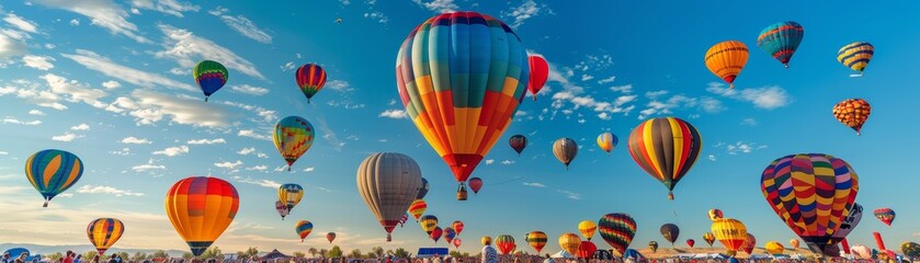 colorful hot air balloons float against a blue sky.