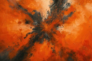 Canvas Print - A painting of a black and orange explosion. The painting is abstract and has a lot of texture