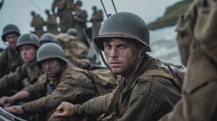 Wall Mural - Close up tired and dirty soldiers with sad doomed look of D-day in the boat looking at camera