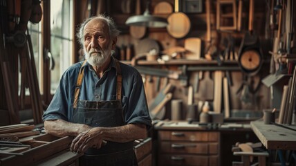 Wall Mural - A skilled and experienced senior carpenter is dedicated to a detailed woodworking project in his wellequipped workshop AIG58