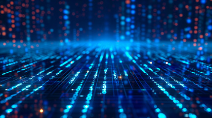 Blue binary code background. Glowing digital data stream in cyberspace