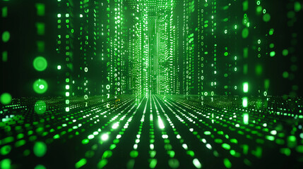 Green glowing digital code in cyberspace. Binary data, technology background