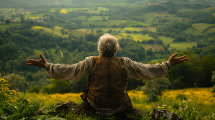 Older Caucasian man standing on rocky hilltop
