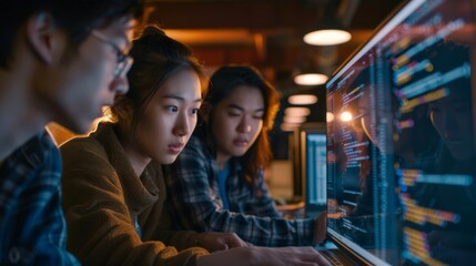 a group of students collaborating on a computer programming assignment, debugging code together