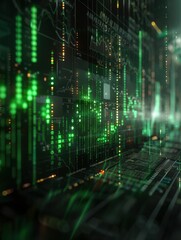 Abstract Digital Data Visualization with Green and Black Matrix Background