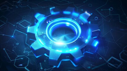 Futuristic blue neon gear technology background with glowing elements, representing innovation, development, and digital advancement.