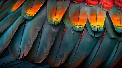 Wall Mural - Close Up of Colorful Parrot Feathers With Blue and Orange Hues