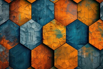 Wall Mural - A colorful mosaic of hexagons with a faded, worn look. The colors are orange, blue, and green