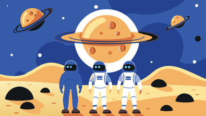 Wall Mural - three astronauts stand on a planet with a large yellow moon in the background