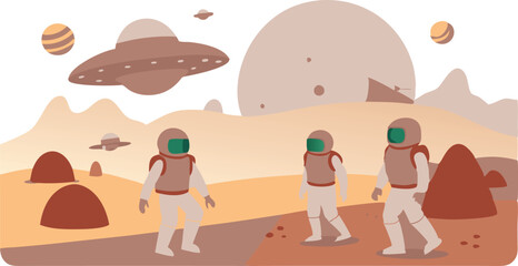 Wall Mural - three astronauts are walking on a path in a desert