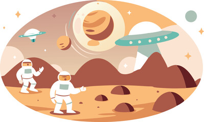 Wall Mural - Two astronauts are walking on a planet with a large planet in the background