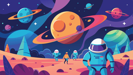 Wall Mural - a colorful space scene with a group of astronauts walking on the ground