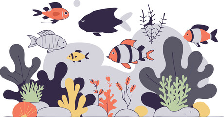 Wall Mural - A colorful underwater scene with a variety of fish swimming among the plants