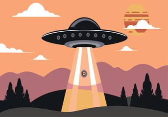Wall Mural - a cartoon drawing of an alien spaceship hovering over a mountain range