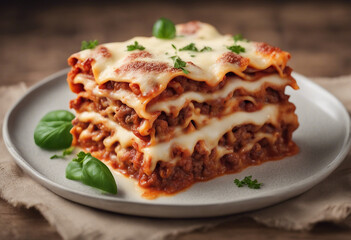 Wall Mural - A rustic Italian lasagna with layers of beef ragÃ¹ bÃ©chamel sauce and melted cheese isolated on trans