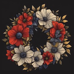 Wall Mural - Angular geometric illustration of a war memorial wreath, adorned with geometric flowers.