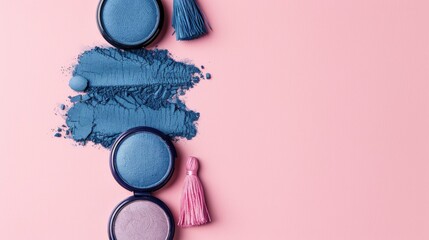 Poster - Blue eyeshadow and tassels on a soft pink backdrop Beauty and cosmetics idea