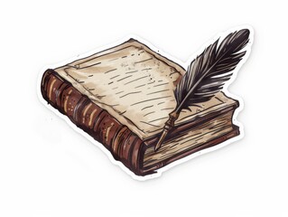 Literary Style Sticker featuring Book, Quill, and Vintage Aesthetic - Vintage Calligraphy Image