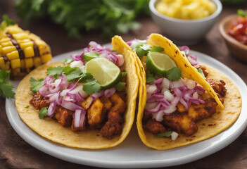 Wall Mural - Mexican tacos al pastor with pineapple cilantro and onions served on corn tortillas isolated on tran