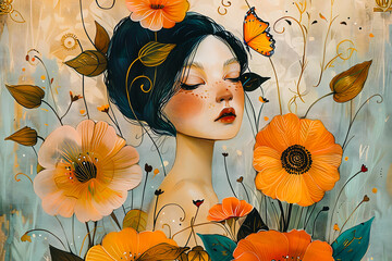 Wall Mural - Jeune fille parmi les fleurs