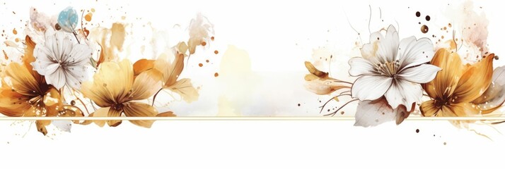 Abstract luxury floral watercolor banner with gold geometric elements and splashes. Golden line with black and gold flower and decorated line arrangement with white background. Elegant design. AIG35.