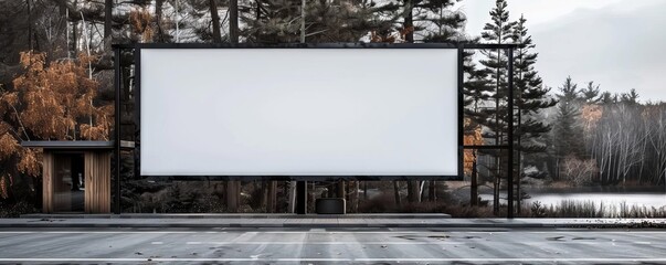 Blank billboard on a highway in Maine, with forests and lakes, 3D render, no light from frame, scenic, high detail