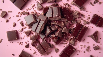 Wall Mural - A pile of chocolate bars with some of them broken. Concept of indulgence and temptation, as the chocolate is scattered all over the pink background