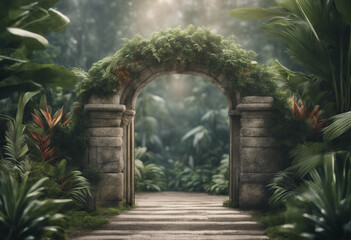 Wall Mural - Stone gate surrounded by tropical plants arrangements isolated on transparent background