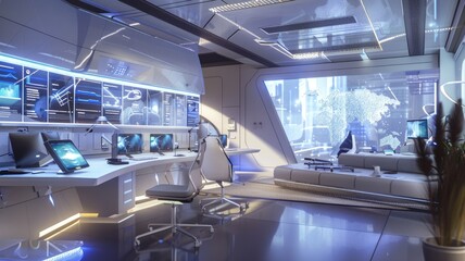 Wall Mural - Futuristic office interior with advanced technology and cityscape view. Digital artwork of modern office or workplace interior in future life. Modern workplace concept for design and print. AIG53F.