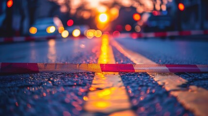 Wall Mural - A blurry image of a street with a yellow line and a red and white striped barrier