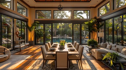 Wall Mural - Luxury home interior with view of an elegant pool surrounded by tropical trees through large windows, at dusk 