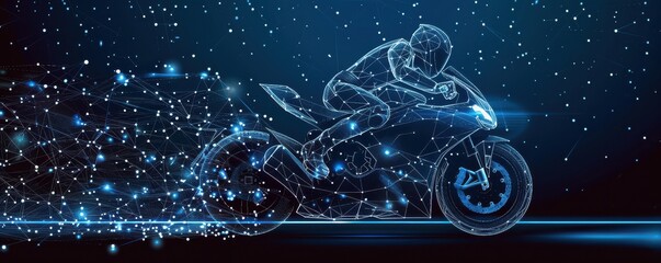 Wall Mural - Abstract image of a motorcycle racing in the form of digital art with neon lights and futuristic elements. Free Copy space for text.