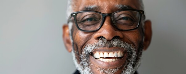 Close-up of a smiling elderly man with glasses after a dentist appointment for teeth whitening or cleaning. Free Copy space for text.