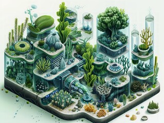 the process of photosynthesis in algae, showing light absorption, carbon fixation, oxygen release, and chlorophyll production within a marine biology context