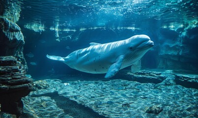 Wall Mural - Beluga whale (Delphinapterus leucas) in blue water in the aquarium