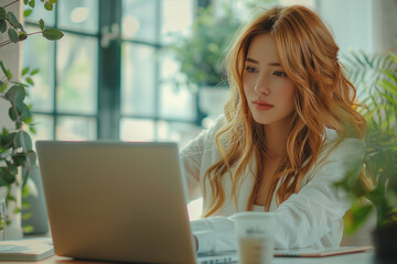 Wall Mural - Business lady working on a laptop, white backdrop,