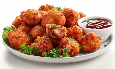 Chicken nuggets with two dressings on a plate, isolated on a white background