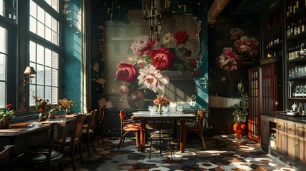 Wall Mural - Elegant and cozy vintage dining room with natural light and floral decorations creating an inviting atmosphere. 