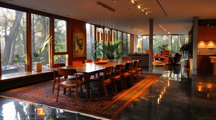 Wall Mural - Elegant and spacious modern dining room with a view of nature, featuring stylish furniture and a warm ambiance. 