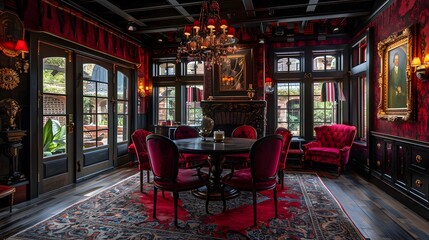 Wall Mural - An elegant and dark-toned Victorian-style dining room adorned with a chandelier and luxurious red chairs. 