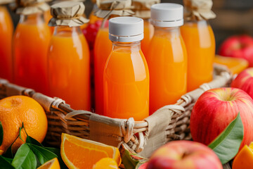 Wall Mural - Orange juice bottles surrounded by fresh fruits on a rustic wooden table