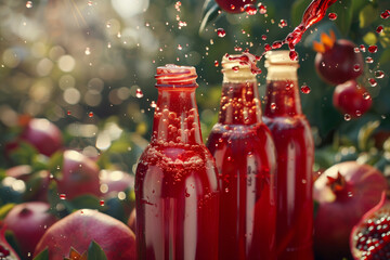 Wall Mural - Pomegranate juice bottles splash amidst fresh pomegranate slices and green leaves in a sunny, vibrant outdoor setting